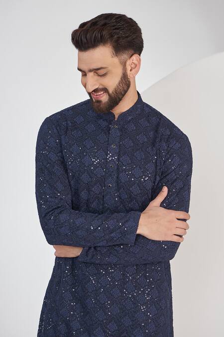 Kasbah Blue Georgette Embroidery, Sequins Chikankari Work Full Sleeve Kurta Online at Aza Fashions Kasbah_Blue Georgette Embroidery, Sequins Chikankari Work Full Sleeve Kurta_Online_at_Aza_Fashions