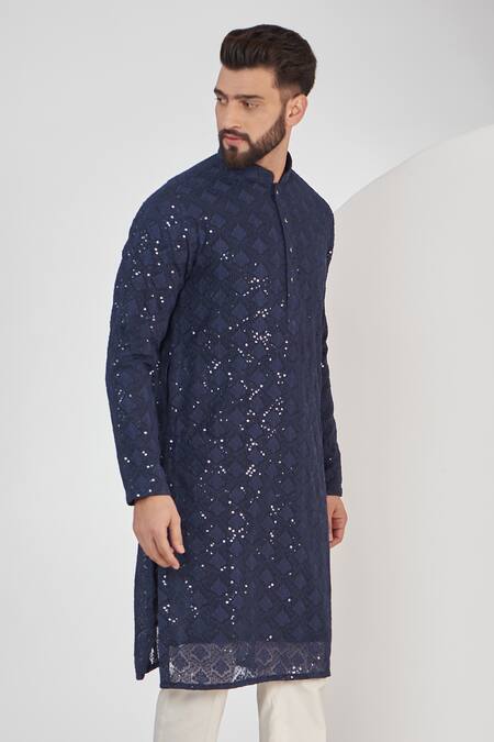 Buy Kasbah Blue Georgette Embroidery, Sequins Chikankari Work Full Sleeve Kurta Online at Aza Fashions Buy_Kasbah_Blue Georgette Embroidery, Sequins Chikankari Work Full Sleeve Kurta_Online_at_Aza_Fashions
