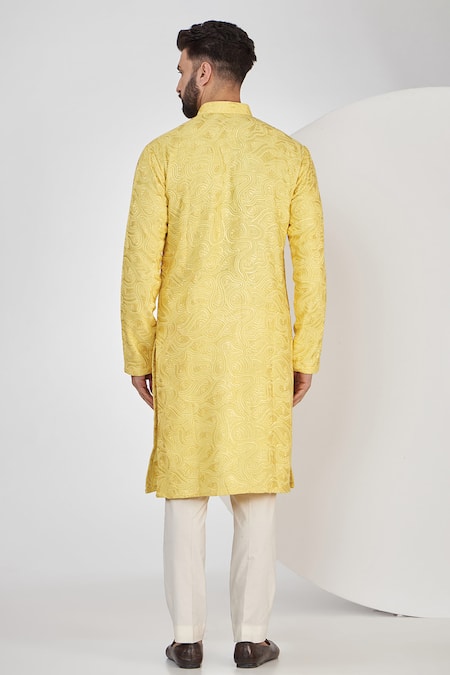 Shop Kasbah Yellow Silk, Cotton Sequins, Embroidery Thread And Embriodered Kurta Set at Aza Fashions Shop_Kasbah_Yellow Silk, Cotton Sequins, Embroidery Thread And Embriodered Kurta Set _at_Aza_Fashions