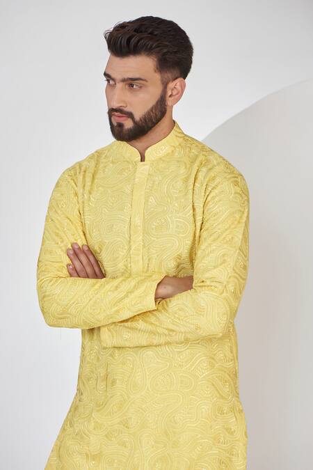 Kasbah Yellow Silk, Cotton Sequins, Embroidery Thread And Embriodered Kurta Set Online at Aza Fashions Kasbah_Yellow Silk, Cotton Sequins, Embroidery Thread And Embriodered Kurta Set _Online_at_Aza_Fashions
