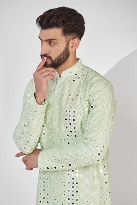 Kasbah_Green Silk Embroidery, Mirrors Kurta Set _Online_at_Aza_Fashions
