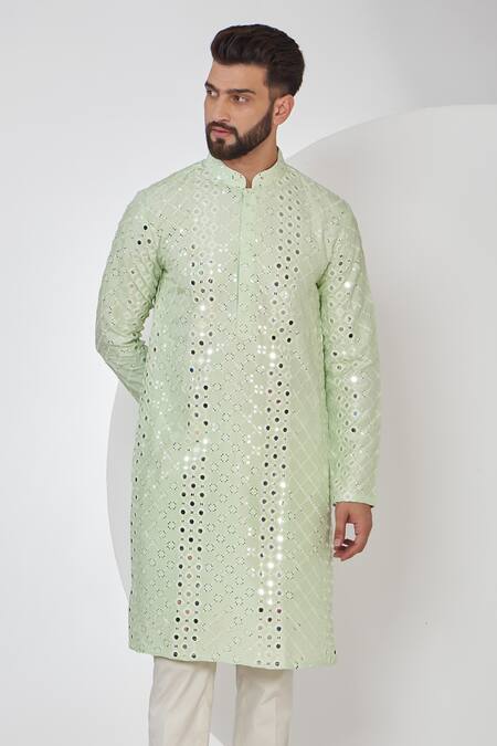 Buy_Kasbah_Green Silk Embroidery, Mirrors Kurta Set _Online_at_Aza_Fashions