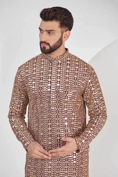 Kasbah Maroon Georgette Mirrors, Zari Embroidered Kurta Online at Aza Fashions Kasbah_Maroon Georgette Mirrors, Zari Embroidered Kurta _Online_at_Aza_Fashions