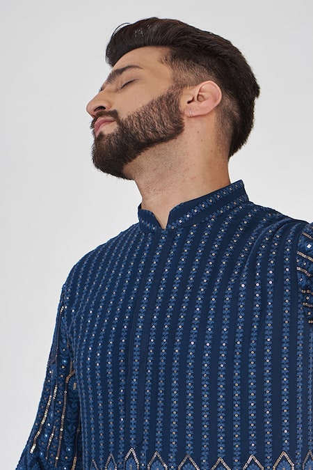 Kasbah_Blue Georgette, Cotton Embroidery, Sequins Thread And Kurta Set _Online_at_Aza_Fashions