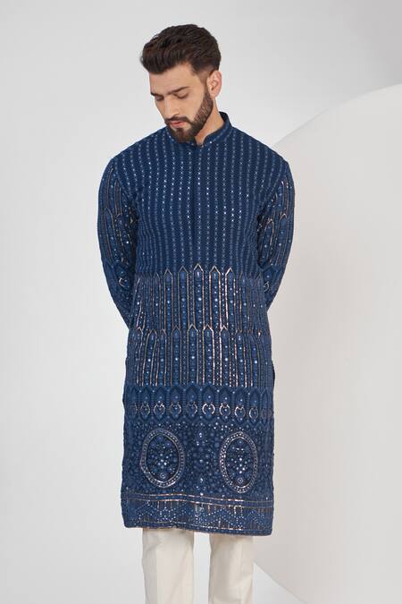 Buy_Kasbah_Blue Georgette, Cotton Embroidery, Sequins Thread And Kurta Set _Online_at_Aza_Fashions