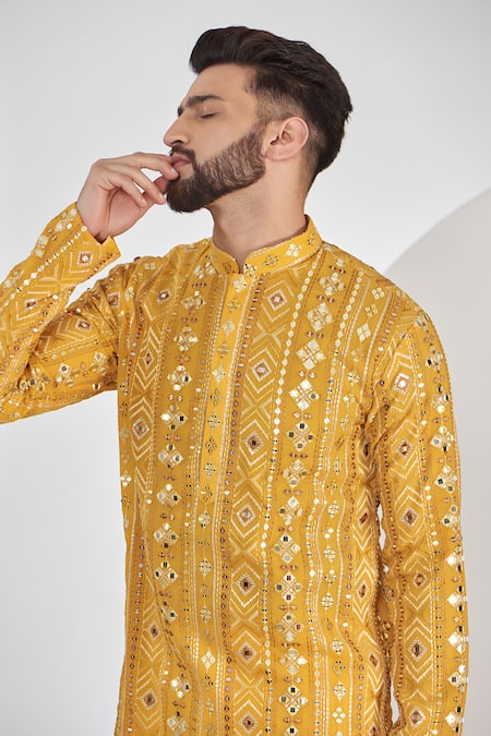 Kasbah_Yellow Georgette Mirrors, Embroidery Thread And Foil Kurta_Online_at_Aza_Fashions