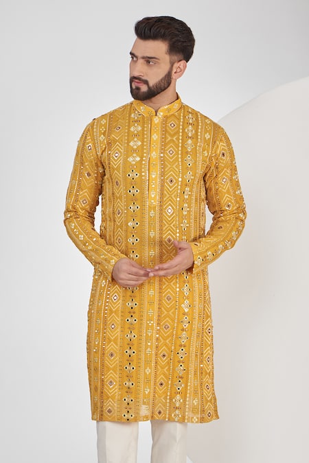 Buy_Kasbah_Yellow Georgette Mirrors, Embroidery Thread And Foil Kurta_Online_at_Aza_Fashions
