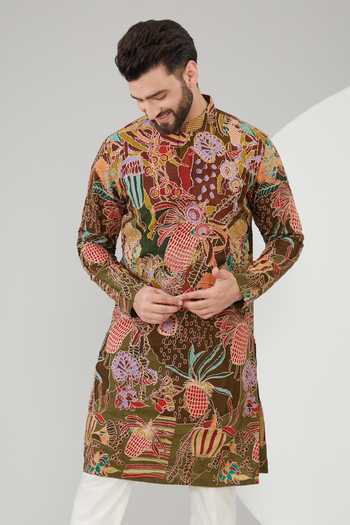 Kasbah Green Silk Embroidery Abstract Zari Kurta Online at Aza Fashions Kasbah_Green Silk Embroidery Abstract Zari Kurta _Online_at_Aza_Fashions