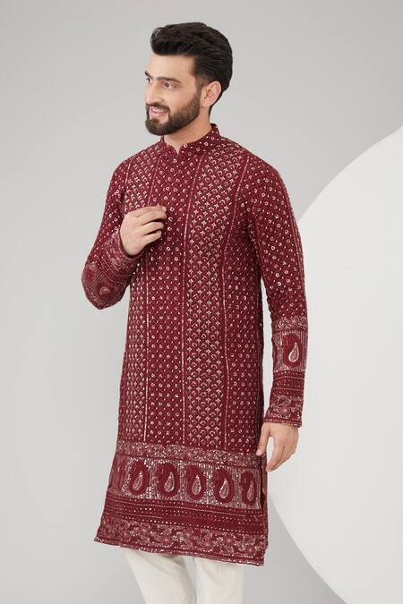 Kasbah_Maroon Georgette Sequins, Embroidery Chikankari And Thread Kurta Set _Online_at_Aza_Fashions