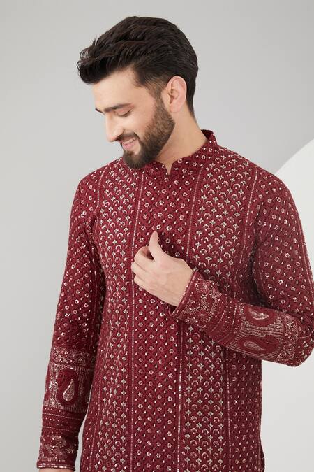 Buy_Kasbah_Maroon Georgette Sequins, Embroidery Chikankari And Thread Kurta Set _Online_at_Aza_Fashions