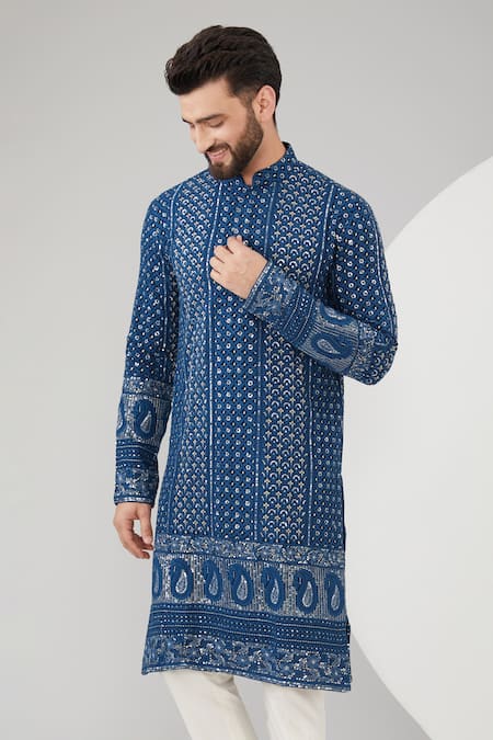 Kasbah_Blue Georgette Embroidery, Sequins And Thread Kurta _Online_at_Aza_Fashions