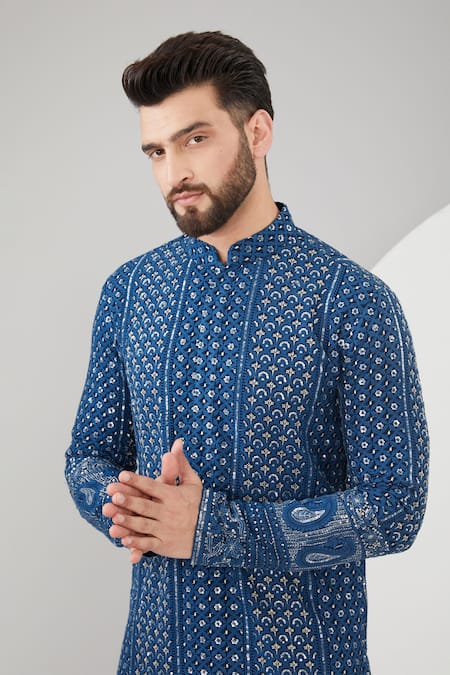 Buy_Kasbah_Blue Georgette Embroidery, Sequins And Thread Kurta _Online_at_Aza_Fashions