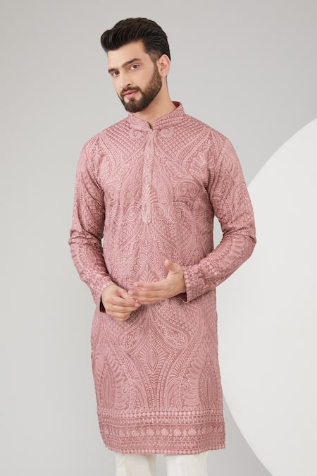 Kasbah_Pink Silk Embroidery Chikankari Kurta _Online_at_Aza_Fashions