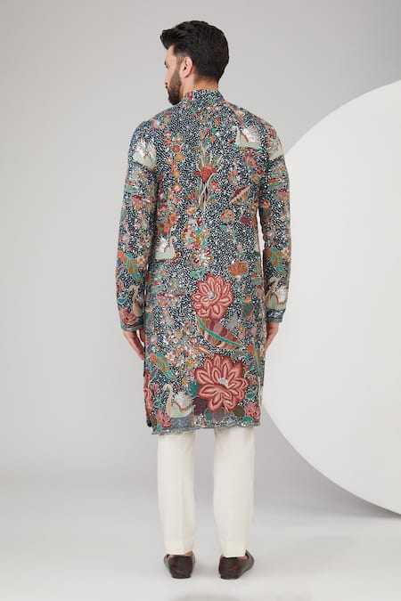 Shop Kasbah Blue Georgette Sequins Floral And Embroidered Kurta Set at Aza Fashions Shop_Kasbah_Blue Georgette Sequins Floral And Embroidered Kurta Set _at_Aza_Fashions