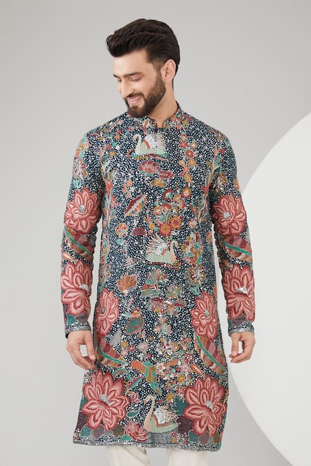 Kasbah Blue Georgette Sequins Floral And Embroidered Kurta Set Online at Aza Fashions Kasbah_Blue Georgette Sequins Floral And Embroidered Kurta Set _Online_at_Aza_Fashions