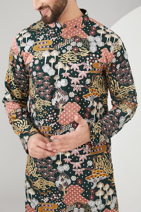 Buy_Kasbah_Green Georgette Embroidery Floral Motifs Kurta_Online_at_Aza_Fashions