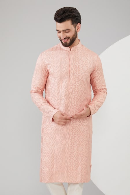 Kasbah_Peach Silk Embroidery Chikankari And Thread Kurta Set _Online_at_Aza_Fashions