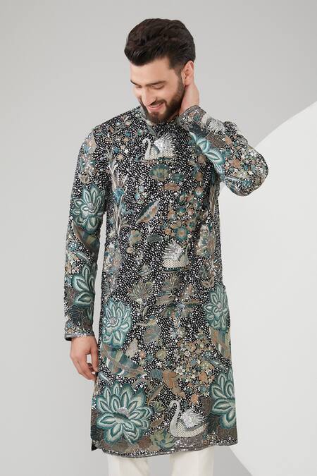 Kasbah_Black Georgette Embroidery, Sequins Floral And Work Kurta _Online_at_Aza_Fashions