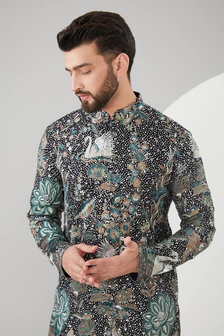 Buy_Kasbah_Black Georgette Embroidery, Sequins Floral And Work Kurta _Online_at_Aza_Fashions