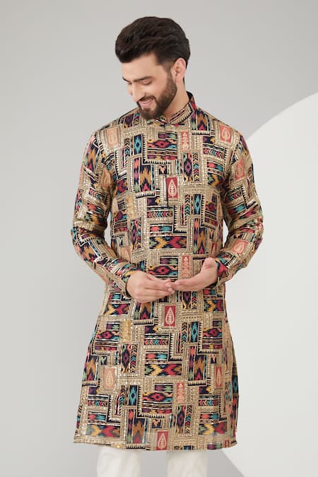 Kasbah_Blue Georgette, Cotton Embroidery Sequins And Zari Kurta Set _Online_at_Aza_Fashions