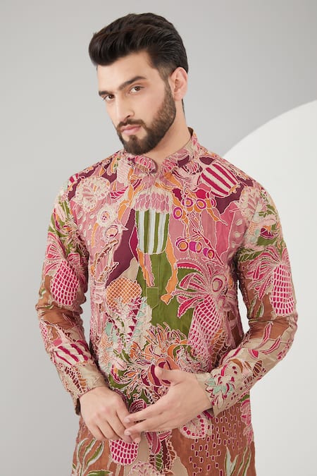 Buy_Kasbah_Multi Color Silk, Cotton Embroidery Abstract Zari Work Kurta Set _Online_at_Aza_Fashions