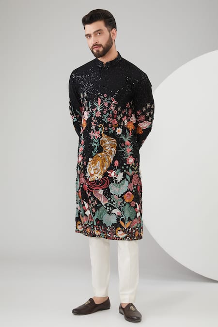 Kasbah Black Georgette Embroidered Floral And Sequins Kurta Set 