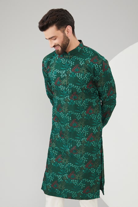 Kasbah_Green Silk Embroidery Floral And Thread Kurta Set _Online_at_Aza_Fashions