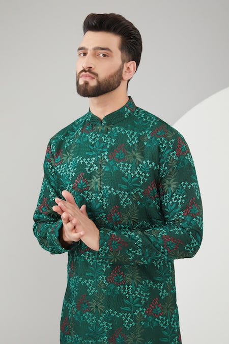Buy_Kasbah_Green Silk Embroidery Floral And Thread Kurta Set _Online_at_Aza_Fashions