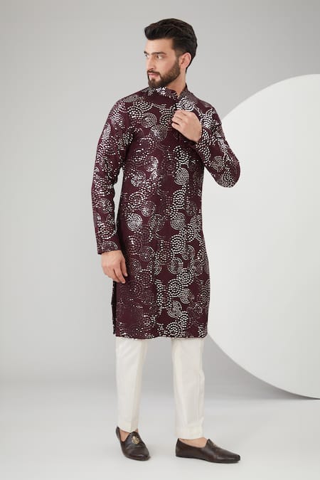 Kasbah Wine Georgette Embroidered Sequins And Thread Full Sleeve Kurta 