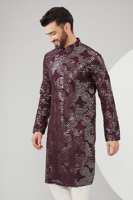 Kasbah_Wine Georgette, Cotton Sequins, Embroidery And Thread Kurta Set _Online_at_Aza_Fashions