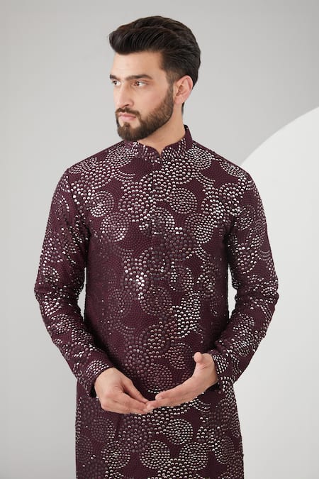 Buy_Kasbah_Wine Georgette, Cotton Sequins, Embroidery And Thread Kurta Set _Online_at_Aza_Fashions