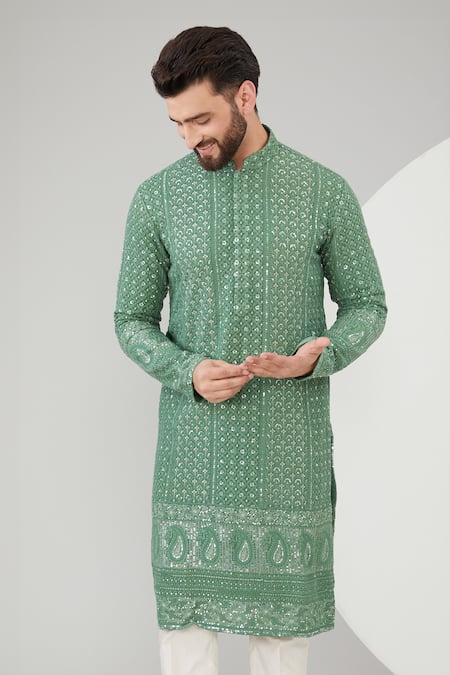 Kasbah Green Georgette Sequins, Embroidery Chikankari And Kurta Set Online at Aza Fashions Kasbah_Green Georgette Sequins, Embroidery Chikankari And Kurta Set _Online_at_Aza_Fashions