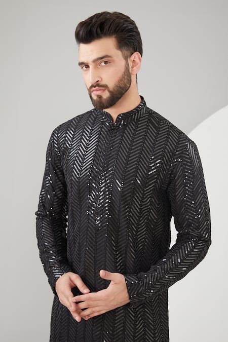 Buy_Kasbah_Black Silk, Cotton Sequins, Embroidery And Thread Work Full Sleeve Kurta Set _Online_at_Aza_Fashions