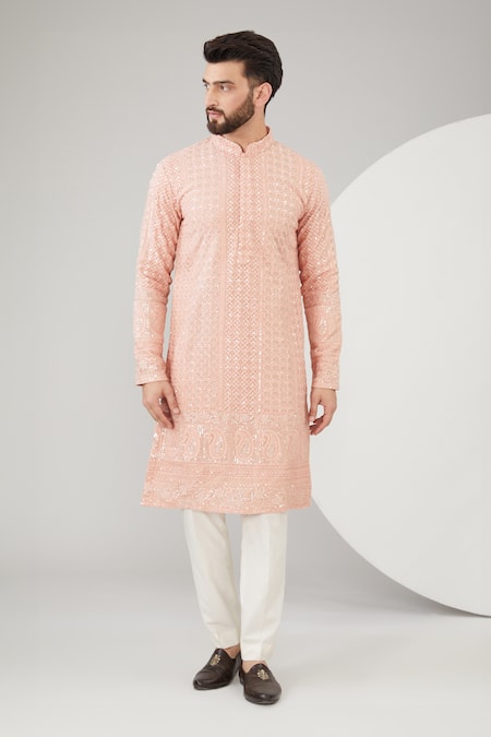 Kasbah Peach Georgette Embroidered Chikankari And Thread Kurta 