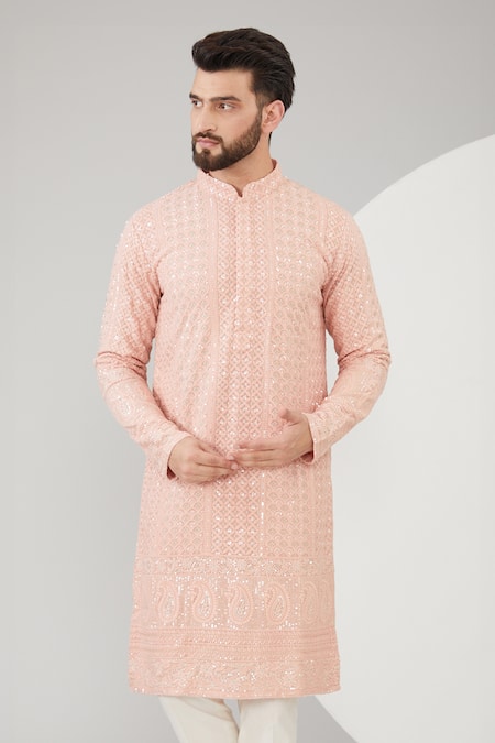 Kasbah_Peach Georgette Sequins, Embroidery Chikankari And Thread Kurta Set _Online_at_Aza_Fashions