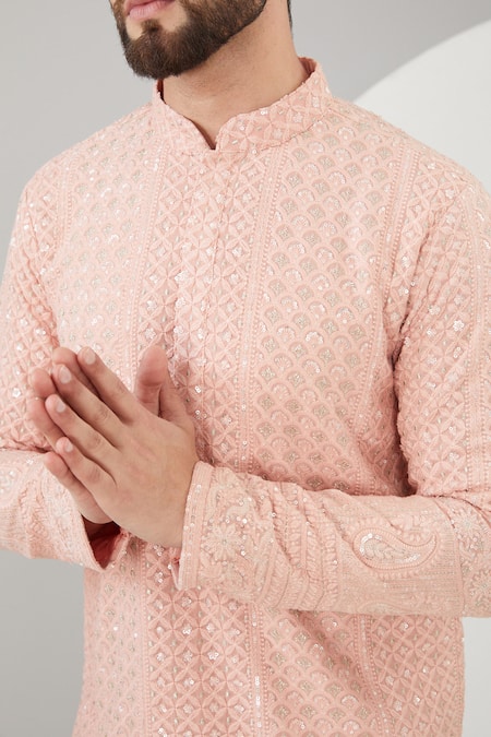 Buy_Kasbah_Peach Georgette Sequins, Embroidery Chikankari And Thread Kurta Set _Online_at_Aza_Fashions