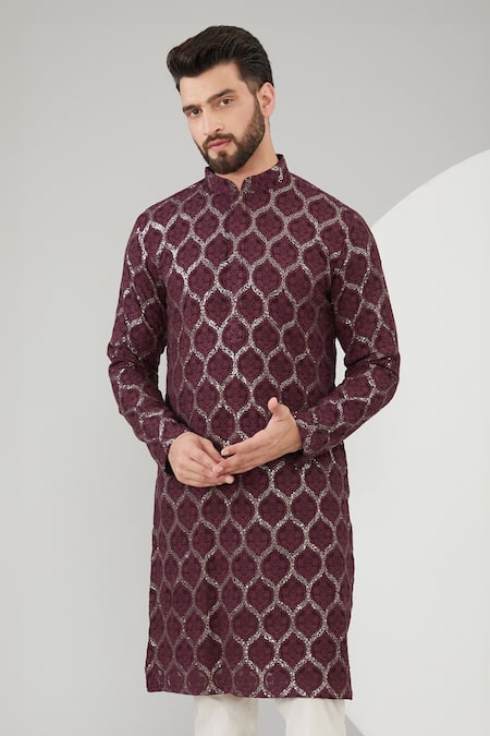 Kasbah_Wine Georgette Sequins, Embroidery And Thread Kurta Set _Online_at_Aza_Fashions