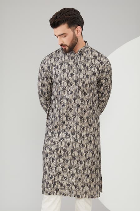 Kasbah_Black Georgette, Cotton Sequins Geometric Print Kurta Set _Online_at_Aza_Fashions