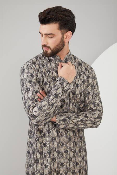 Buy_Kasbah_Black Georgette, Cotton Sequins Geometric Print Kurta Set _Online_at_Aza_Fashions