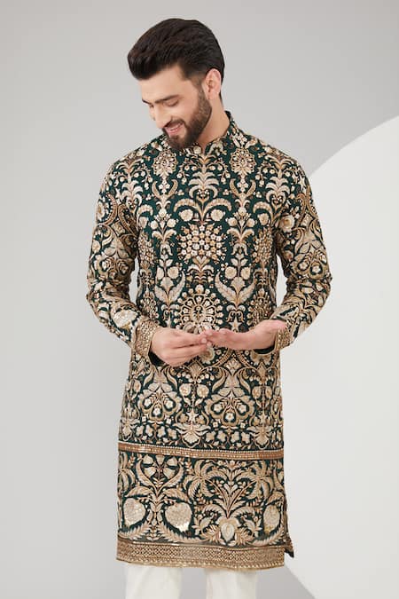 Kasbah Green Georgette Sequins, Embroidery Floral And Thread Work Silk Kurta Online at Aza Fashions Kasbah_Green Georgette Sequins, Embroidery Floral And Thread Work Silk Kurta _Online_at_Aza_Fashions