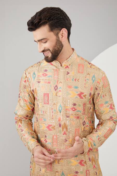 Buy_Kasbah_Beige Georgette, Cotton Zari Embroidered Kurta Set_Online_at_Aza_Fashions