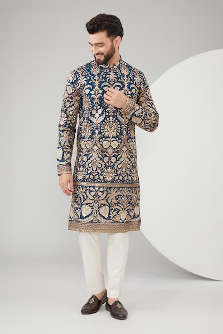 Kasbah Blue Georgette Embroidered Floral And Thread Work Full Sleeve Kurta Set 