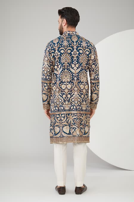 Shop Kasbah Blue Georgette Embroidery, Sequins Floral And Thread Work Full Sleeve Kurta at Aza Fashions Shop_Kasbah_Blue Georgette Embroidery, Sequins Floral And Thread Work Full Sleeve Kurta _at_Aza_Fashions