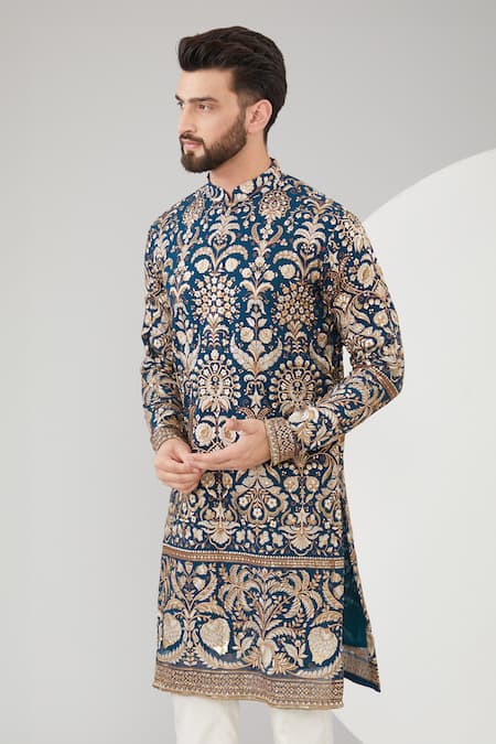 Kasbah Blue Georgette Embroidery, Sequins Floral And Thread Work Full Sleeve Kurta Online at Aza Fashions Kasbah_Blue Georgette Embroidery, Sequins Floral And Thread Work Full Sleeve Kurta _Online_at_Aza_Fashions
