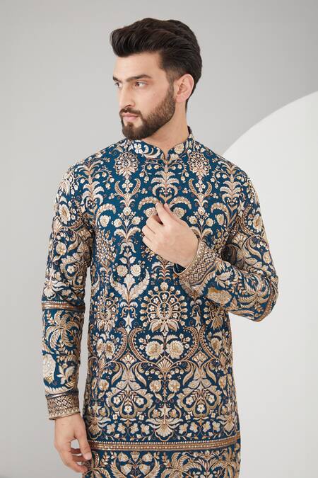 Buy Kasbah Blue Georgette Embroidery, Sequins Floral And Thread Work Full Sleeve Kurta Online at Aza Fashions Buy_Kasbah_Blue Georgette Embroidery, Sequins Floral And Thread Work Full Sleeve Kurta _Online_at_Aza_Fashions