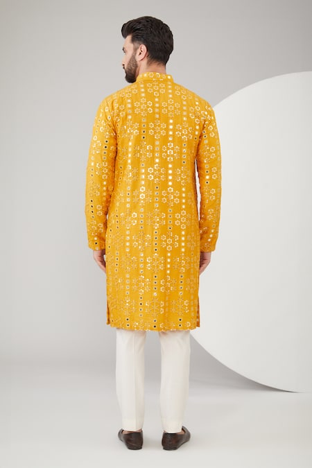 Shop_Kasbah_Yellow Silk Mirrors, Embroidery, Foil Printing And Thread Kurta Set _at_Aza_Fashions