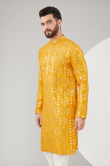 Kasbah_Yellow Silk Mirrors, Embroidery, Foil Printing And Thread Kurta Set _Online_at_Aza_Fashions