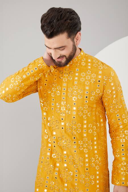 Buy_Kasbah_Yellow Silk Mirrors, Embroidery, Foil Printing And Thread Kurta Set _Online_at_Aza_Fashions