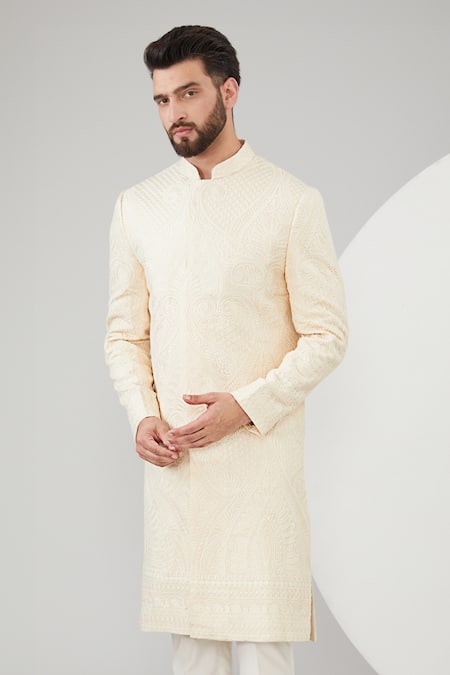 Kasbah_Beige Silk Embroidery Thread Sherwani Set _Online_at_Aza_Fashions