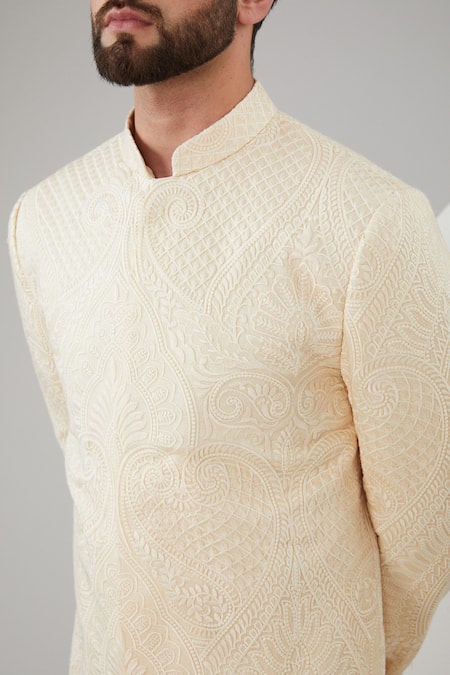 Buy_Kasbah_Beige Silk Embroidery Thread Sherwani Set _Online_at_Aza_Fashions
